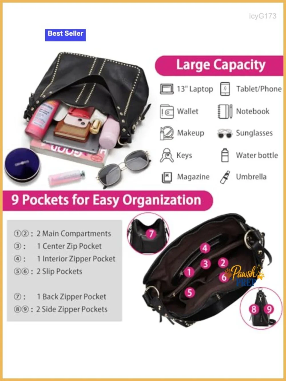 Studded Hobo Purse & Wallet Set Women Shoulder Bag Faux Leather